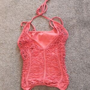Coral Pink Top with Lace Detailing